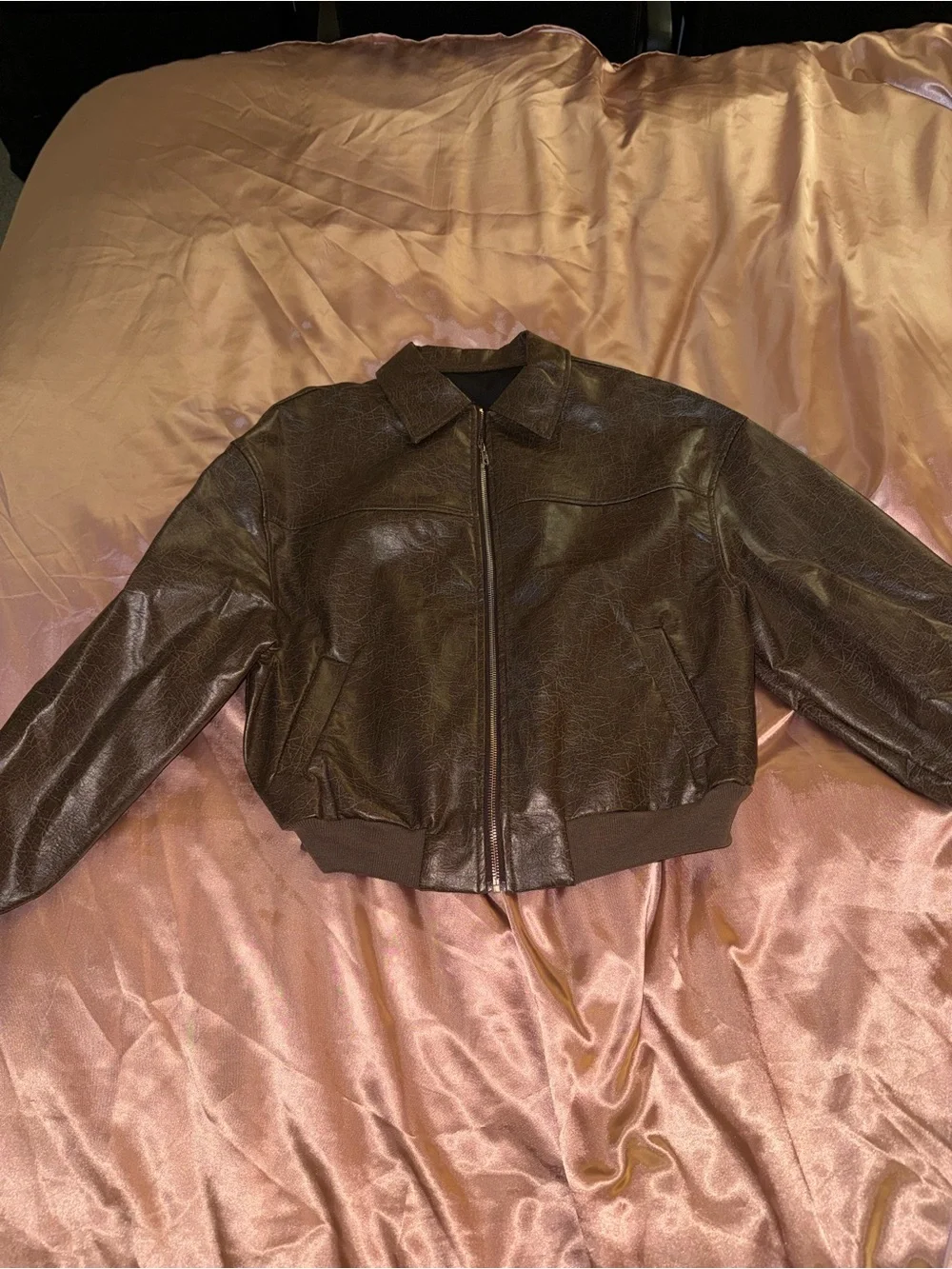 Brown Leather Bomber Jacket - Classic Zip Front